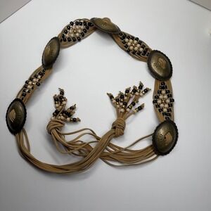 Vintage Boho Western Suede Beaded Concho Belt Tan Tassel Tie Waist Fringe 48"